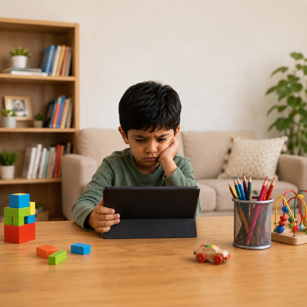 Child using a tablet before the Junior Activity Box
